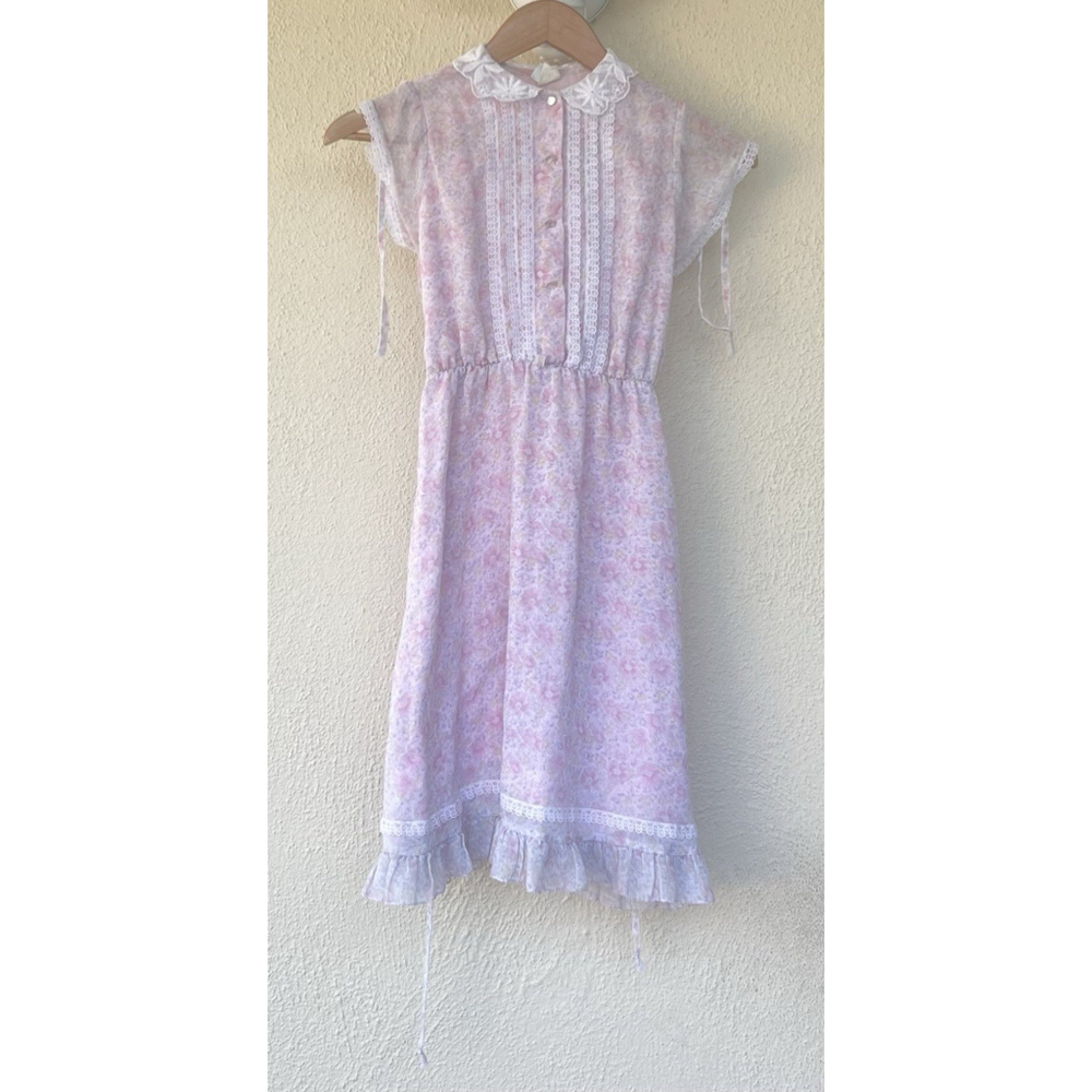VTG Peaches ‘N Cream Pink Floral Lace Prairie Dress Peter Pan Collar Cottage 12